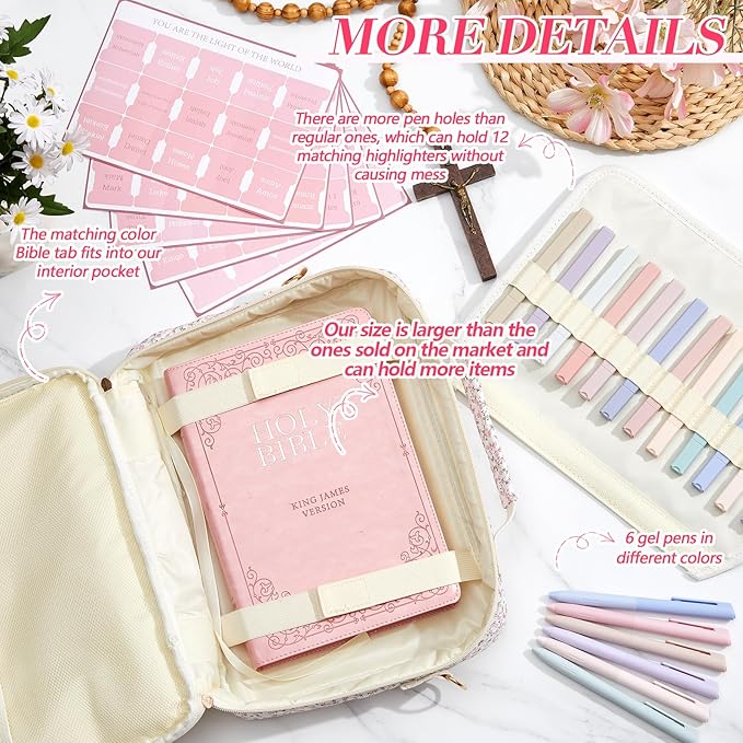 Sinload Quilted Bible Cover Case for Women 12 x 9 x 2.5 Inch Bible Chenille Letter Bag with Shoulder Strap Carrying Tabs 6 Colored Pens 12 Highlighters Christian Church Study Gifts(Pink,Floral,)