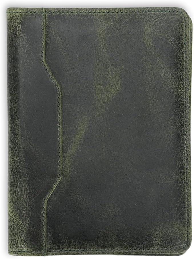 Leather Junior Padfolio for Men Women Business Portfolio Folder Compact 5 x 8 Legal Pad Organizer with Pen Loop Professional Resume Interview Document Holder Padfolio (Green)