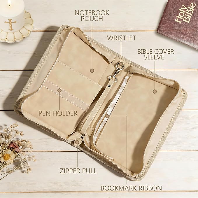 LISWIT Mother's Day Gift Bible Cover for Women, Large Bible Case - Durable PU Leather Carrying Bag Sleeve, Christian Gifts for Women, Girls, Teens (Beige/Gold)