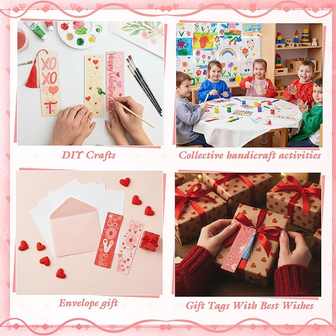 100 Pcs Valentine's Day Wood Bookmarks Bulk DIY Crafts Kit, 50 Set Blank Valentine Hearts Coloring Bookmarks with Tassel for Classroom Gifts Exchange Activity Reading Party Favor Reward Goodie Fillers