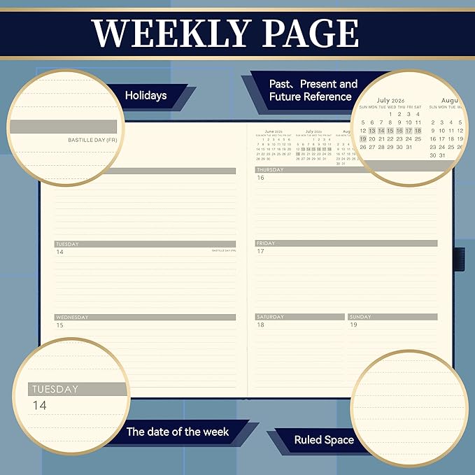 2026-2027 Planner - Planner 2026-2027, 8.5"x11", July 2026 - June 2027, Leather Calendar Weekly and Monthly Planner 26-27, Leather Hardcover, Pen Loop, Elastic Closure, Pocket - Navy