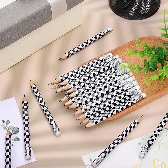 FYSUIMU 100Pcs Checkered Racing Car Half Golf Pencils with Eraser Racing Flag Pre Sharpened Short Writing Pencil for School Office Stationery Supplies, 4 Inch