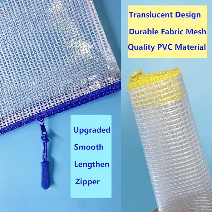 10pcs Mesh Zipper Pouch Bags,Plastic Pencil Storage Bags，Bill Size 8.7" x 4.7", 10 Colors Waterproof Small Zipper Pouches for Travel, Cosmetics, School Office Organization
