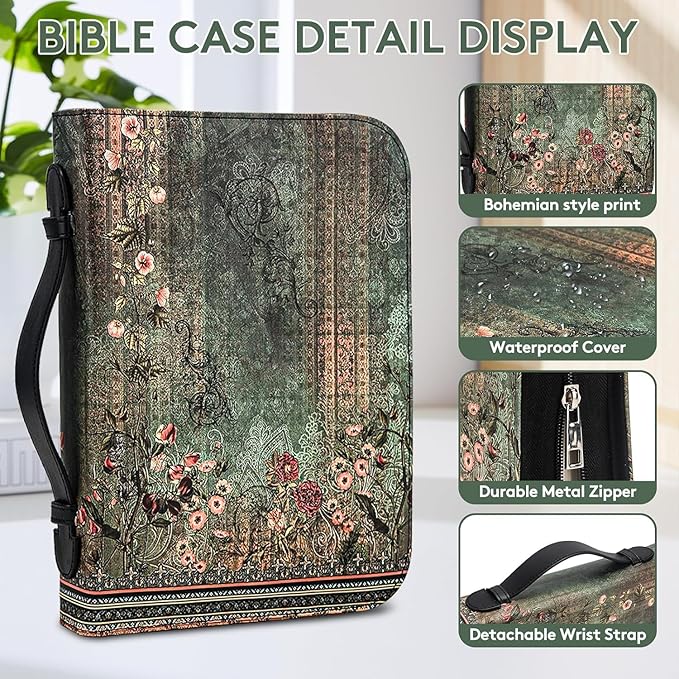 Bible Cover Case for Women PU Leather Woman Book Carrying Bag Bible, Protective Bible Organizer Holder Bag with Handle and Zippered Pocket, Christian Gift for Lady Girls (Boho Floral, XXL)