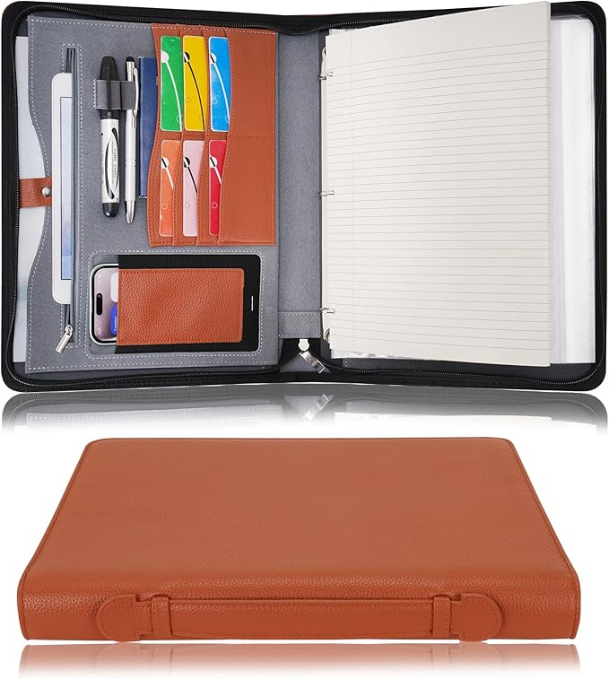 Wonderpool Travel Zippered Portfolio 3 Ring Binder A4 Padfolio Document Case with Removable Clipboard Legal Pad Holder, Business Office School Organizer for Men and Women (Brown)