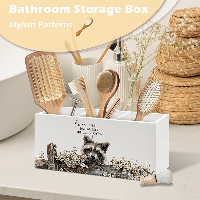 Rustic Raccoon Pen Holder Organizer, Farmhouse Raccoon Gifts for Women Men Desk Decor, Live Like Someone Left the Gate Open Wooden Pen Pencil Holders for Vintage Desk Accessories