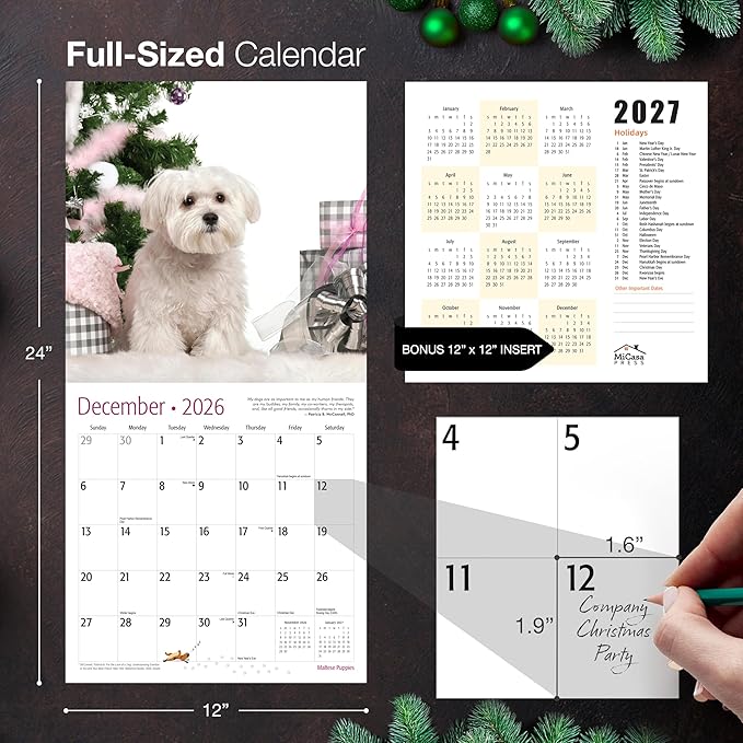 MICASA PRESS Maltese Puppies 2026 Wall Calendar 12 Month | 12" x 24" Open | Thick & Sturdy Paper | Giftable | Cute Puppy Dog Calendar 2026