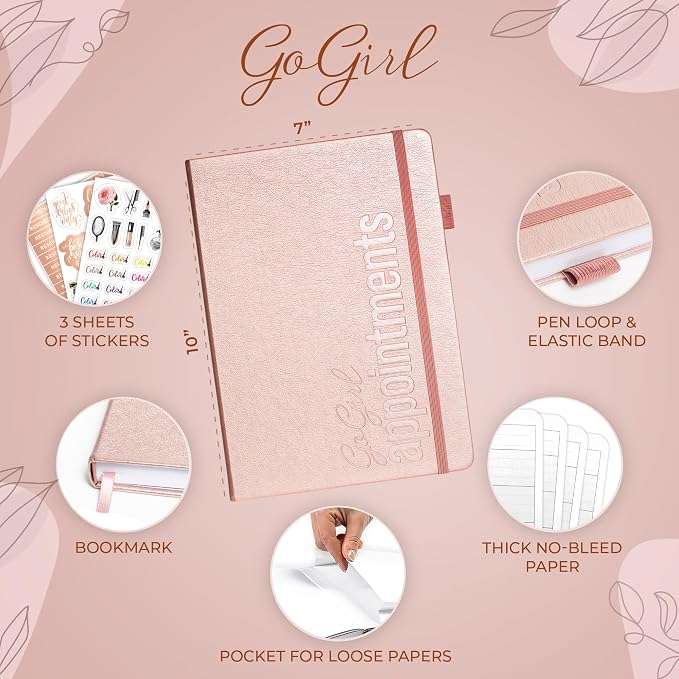 GoGirl Salon Appointment Book – Reservation Book for Beauty Salons, Spas, Hair Stylists, Estheticians – Appt Booking Planner, 7x10″ (Rose Gold)