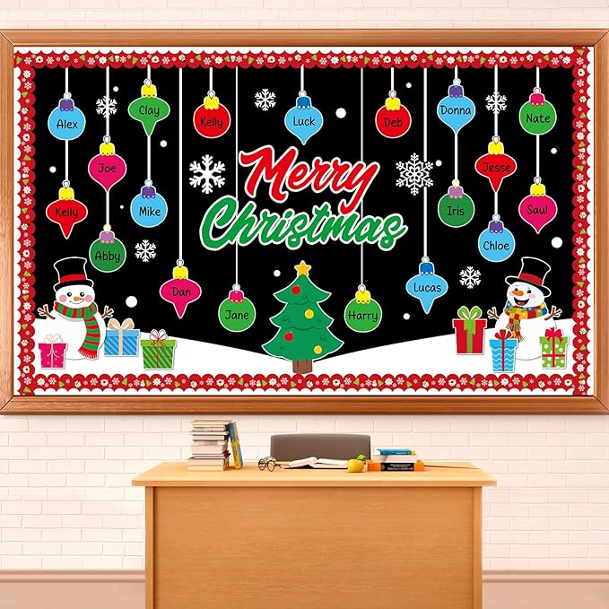Christmas Bulletin Board Decorations Set Xmas Tree Snowman Snowflakes Ball Name Tag Cutouts Classroom Decor for Winter Holiday School Wall Decoration Supplies