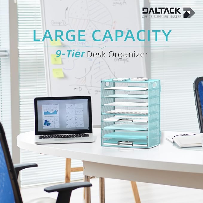 DALTACK 9-Tier Paper Organizer for Desk, Mesh Letter Tray Desk Organizer with Handles, Space-Saving File Organizer for Office Home School, Blue 2 Pack