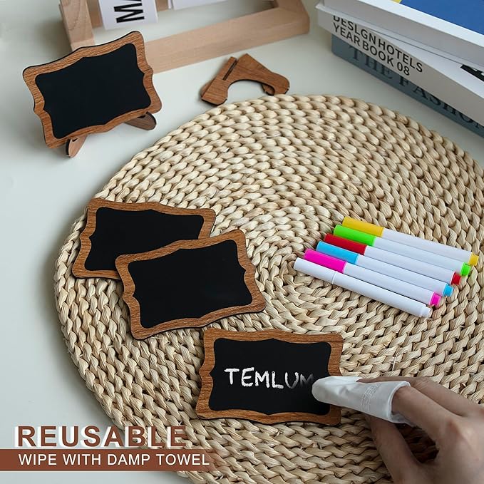 Temlum 15 Pcs Mini Chalkboard Sign with 6 Color Chalk Markers, 2.9″ x 3.9″ Wooden Blackboard Reusable Small Chalkboards for Food, Buffet, Parties, Message Boards, Table Numbers (Wavy Shaped)