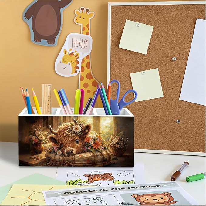 Rustic Wildflower Highland Cow Pen Holder for Desk, Highland Cow Gifts for Women Pencil Organizer, Cottagecore Farm Heifer Wooden Box Sign Desk Decor for Home Office Decoration