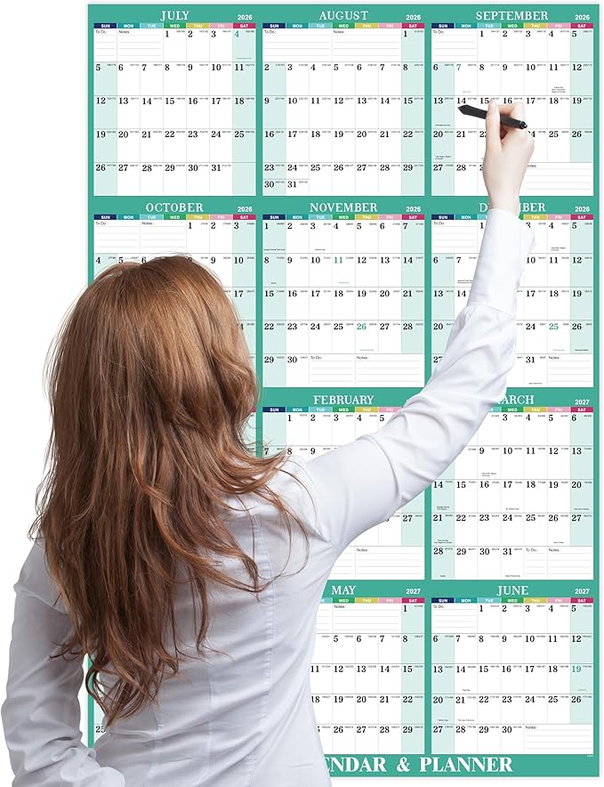Yearly Wall Calendar 2026-2027 - 2026-2027 Calendar, July 2026 - June 2027, 34.8" x 22.8" (Open), Yearly Wall Calendar 26-27, 26-27 Calendars Vertical, One Page for Organizing - Colorful Lump