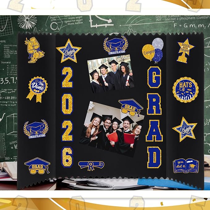 AmazingSpark 4 Sets Graduation Photo Display Board Trifold Poster Board with 12 Graduation Themed Stickers for 2026 Grad Party Decoration Picture Collage Frame Supplies (24 x 16,Blue Gold)