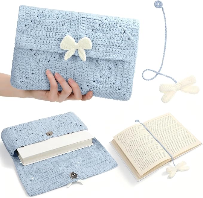 Maitys Crochet Bible Sleeve with Bow 11 x 9 Inch Handmade Blue Crochet Book Cover Protector with Magnetic Snap Washable Bible Bag Pouch Christian Gift for Women Book Lover Gifts
