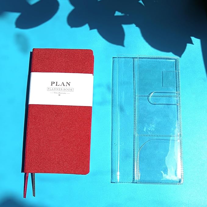 Undated Weekly Planner A6 Size - Weekly & Monthly Pocket Organizer, Portable Travel Notebook, Office Schedule Book,Gift Idea (Red with a Clear Cover)