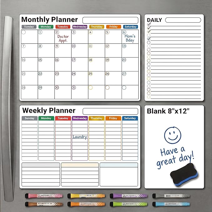 Magnetic Calendar for Refrigerator (4-Pack, Ships Flat) - 17"x12" Monthly, Weekly, XL Daily & Blank Dry Erase Board - Nano-Tech Fridge Whiteboard Planner with Lined Grids, 8 Markers, Eraser