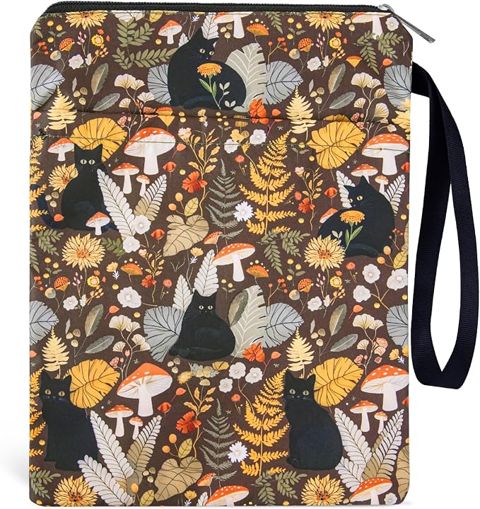 Waterproof Book Sleeve Pouch - Black Cat Books Cover Protector for Paperbacks Portable Bookworm Accessories with Pocket and Handle Flower Mushroom Bookish Gifts for Women Teacher Student