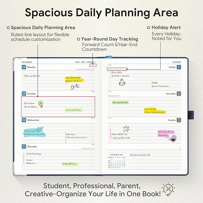Planner 2026-2027 Weekly & Monthly Planner, 18 Month Academic Calendar July 2026 – Dec 2027, Horizontal Layout with Monthly Tabs, Hardcover Business Agenda Organizer, Dark Blue