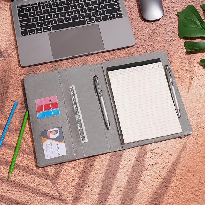 Wonderpool A5 PU Leather Clipboard Partfolio Notepad Forms Holders Document Case - Interview Planner Meeting Writing Padfolio File for Office Travel School Hotel (Grey, A5)