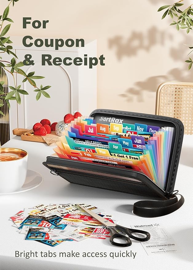 SortRax Small Receipt Coupon Organizer, A6 Size 12 Pockets Accordion File Organizer, 8X5.3 Inches, Zipper Closure