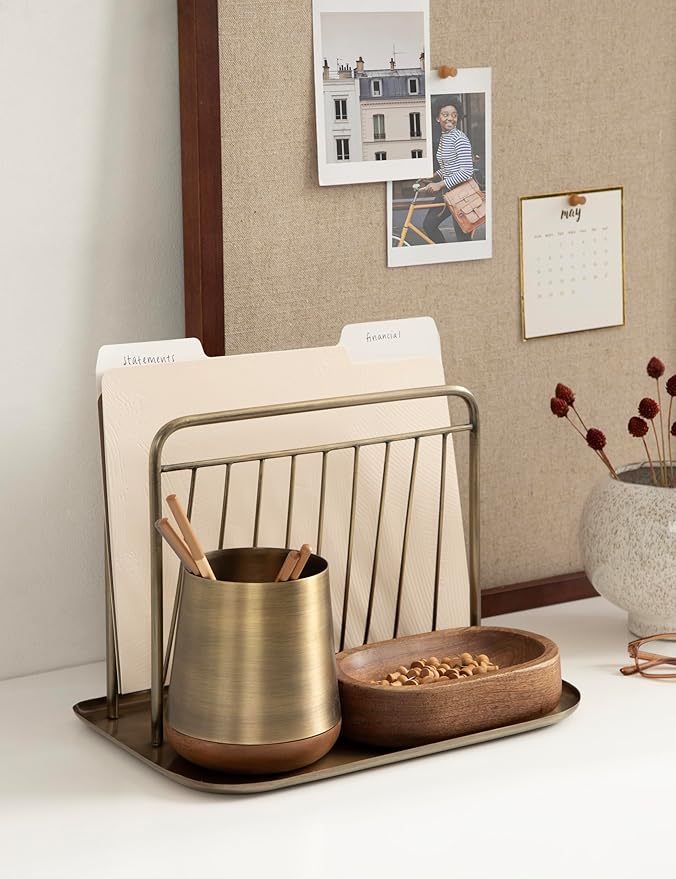 Kate and Laurel Koni Modern Three-Piece Home Office Organization Set; 13 x 8 x 9; Walnut Brown and Antique Brass; Wood and Metal Organizational Set for Office with File Folder Holder