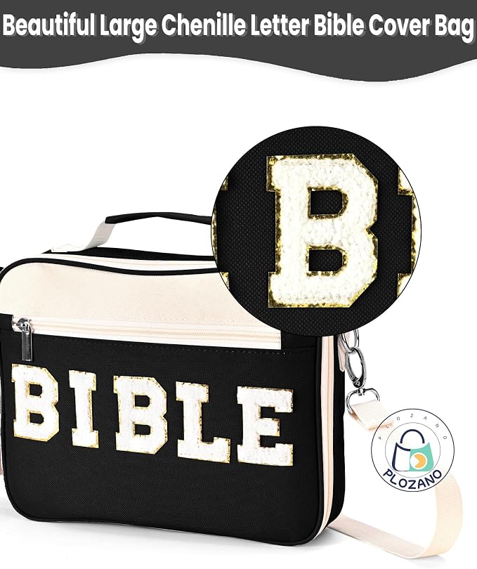 PLOZANO Bible Cover Case for Women, Large Chenille Letter Bible Bag with Shoulder Strap,Black Bible Carrying Tote Bags for Bible Study Accessories, Gift for Women Lady Teen Grils (Black)