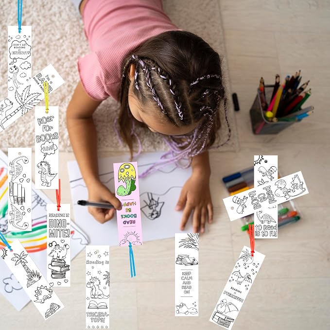 75PCS Color Your Own Bookmarks DIY Coloring Blank Bookmark for Kids Classroom Art Craft Supplies for Children Teachers Students Birthday Gift Party Reward Goodie Fillers (Dinosaur)