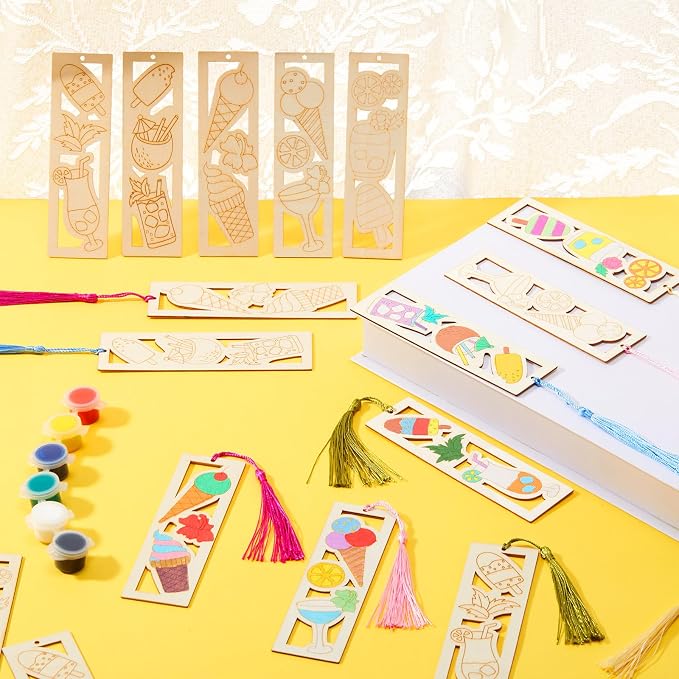 Yexiya 50 Sets Summer Ice Cream DIY Bookmarks Kit for Kids Bulk 100 Pcs Unfinished Wood Crafts with Tassels for Summer Camp Classroom Rewards and 2026 End of Year Student Gifts