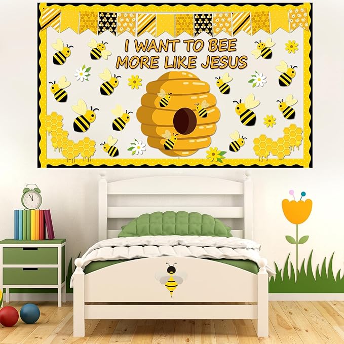 76 PCS Bee Bulletin Board Classroom Set I Want to Bee More Like Jesus Bulletin Board Spring Religious Christian Theme Birthday Decor for Back to School Home Preschool Office Door Wall Supplies