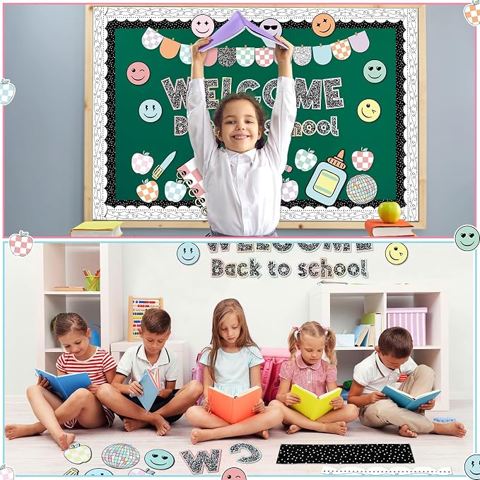 Mooliwe 94pcs Composition Notebook Bulletin Board Welcome Back to School Classroom Bulletin Board Decor Smile Face Stationery Paper Cutout for First Day of School Chalkboard Wall Door(Classic)