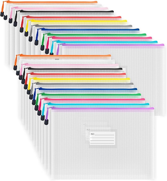AUSTARK 24pcs Mesh Zipper Pouch Bags with Label, Multipurpose Waterproof Organization Storage Bag for Office School Home Travel (13.4''x9.4'', 12-Colors Zipper)