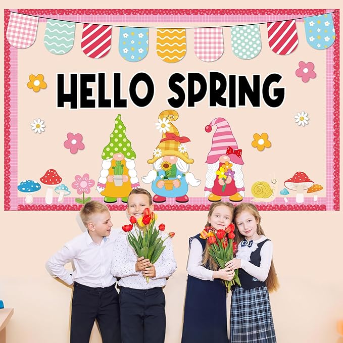 Hello Spring Bulletin Board Set Spring Gnome Classroom Decoration Springtime Gnome Flowers Paper Cutouts for Back to School Home Nursery Chalkboard Wall Decor Springs Theme Party Supplies
