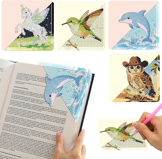 Lucky Diamond Art Bookmarks Set, 4PCS Book Corner Diamond Painting Bookmarks with Hummingbird, Whale, Unicorn & Owl Designs, DIY Gem Art & Crafts for Book Lovers, Diamond Art Kits for Adults