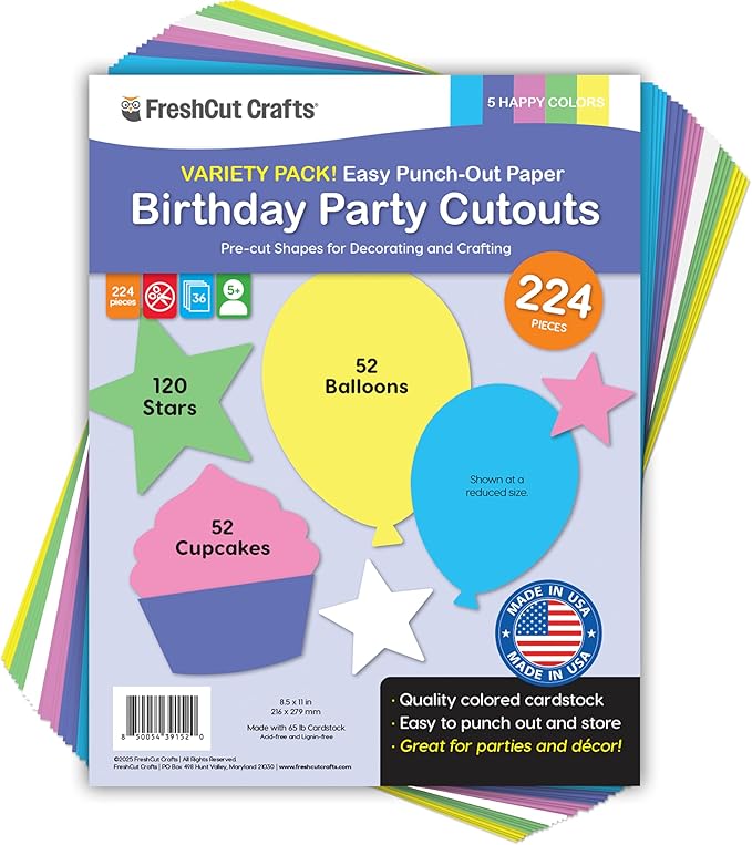 224 Pieces Birthday Party Cutouts in Happy Colors for Crafts and Decorations, Balloons, Cupcakes and Stars for Classroom Projects, Bulletin Boards, DIY Cards, Double Sided USA Made Cardstock