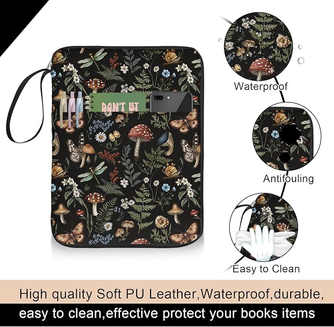 Butterfly Mushroom Book Sleeve Kindle Pouch, Boho Book Protector Case with Zipper, PU Leather Waterproof Book Cover Bag, Portable Book Pouch for Book Lovers Gifts Paperbacks Bibles Hardcover