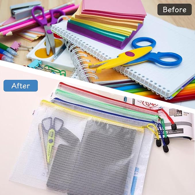 64Pcs Mesh Zipper Pouch Bags, 8 Colors A4/Letter Size Waterproof Zipper File Bags, Reusable Document Organizer Pouches for School, Office Supplies, Home, Toys, Puzzle, Travel