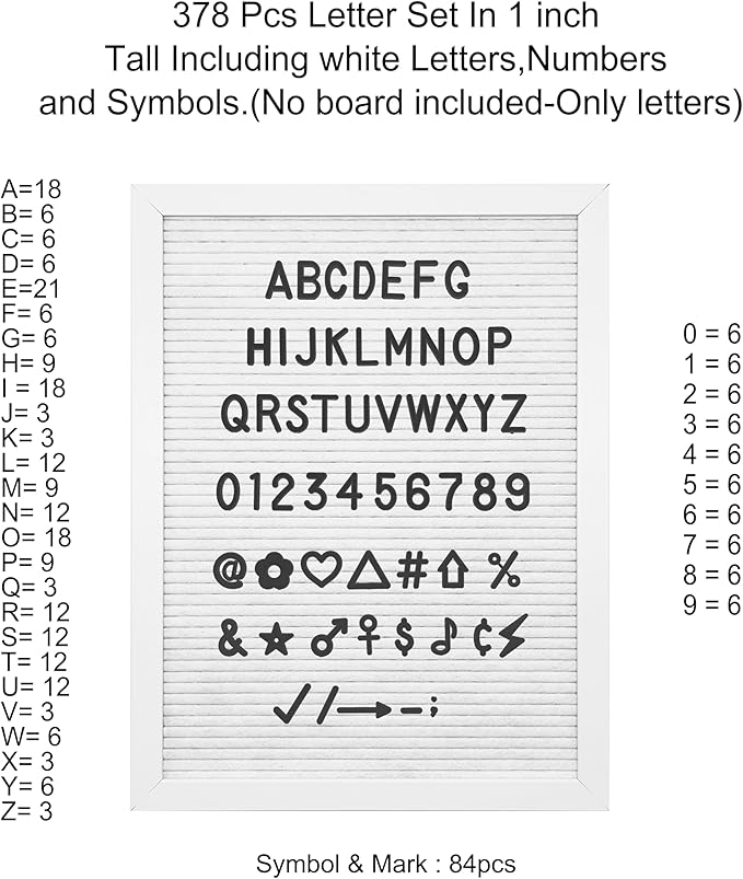 Pre-cut 378pcs Standard 1inch Black Letters Only (No Board Included)