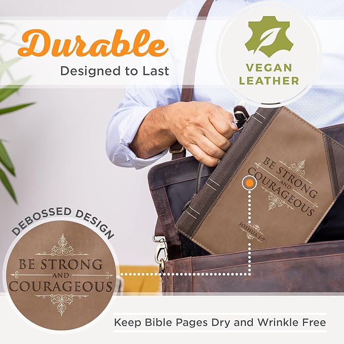 Christian Art Gifts Men's Classic Bible Cover Be Strong and Courageous Joshua 1:9, Brown Faux Leather, Medium