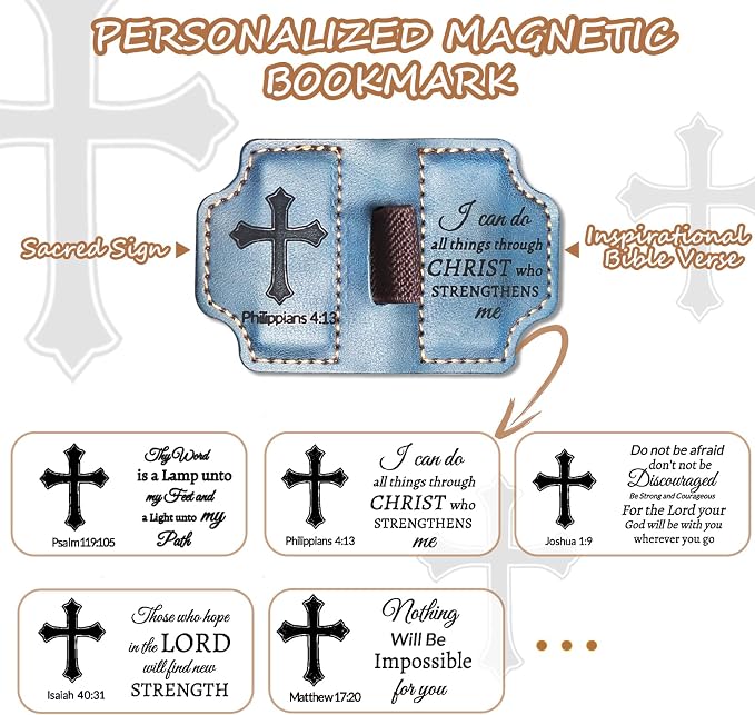 Bygone Mark Personalized Magnetic Leather Bookmark with Pen Holder,Inspirational Bible Verse Religious Bookmarks,Christian Book Lovers Reading Accessory for Men Women (Blue, Philippians 4:13)