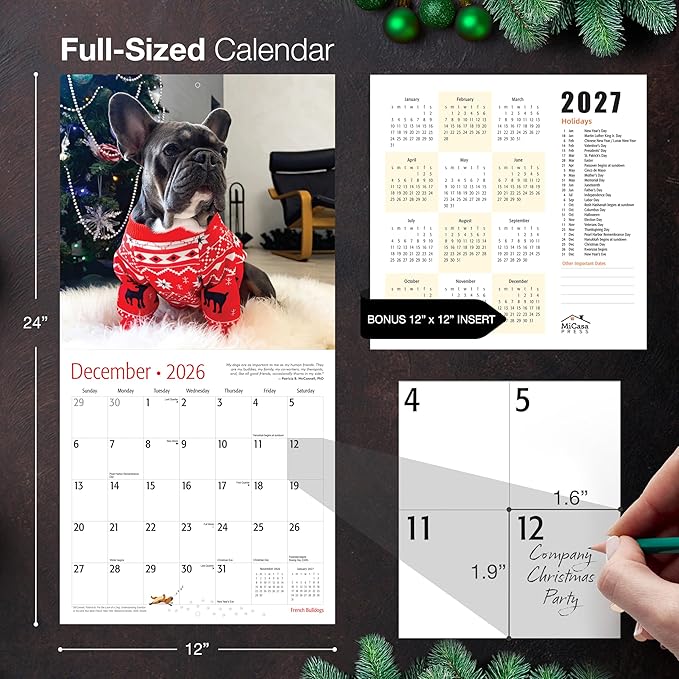 MICASA PRESS French Bulldogs 2026 Wall Calendar 12 Month | 12" x 24" Open | Thick & Sturdy Paper | Giftable | Cute Frenchie Puppy Dog Calendar 2026