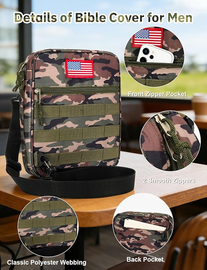4 PCS Tactical Bible Cover for Men - Bible Bag for Men with Shoulder Strap - Washable Padded Bible Case with Carry Handle- Christian Gift for Men Bible Case for Church, Study, Spiritual