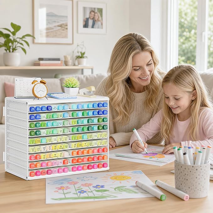 Marbrasse Mesh Marker Organizer, Metal Desktop Storage Rack for 126 Markers, Pens, Pencils, 9 Tier Marker Holder for Office Classroom & Home Art Supplies(White)