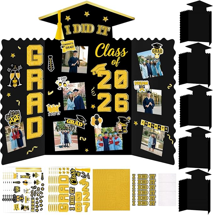 Moon Boat 5 Pack Graduation Decorations 2026 Trifold Poster Boards with Stickers Class of 2026 Grad Party Picture Display Supplies(Black Gold)