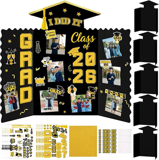 Moon Boat 5 Pack Graduation Decorations 2026 Trifold Poster Boards with Stickers Class of 2026 Grad Party Picture Display Supplies(Black Gold)