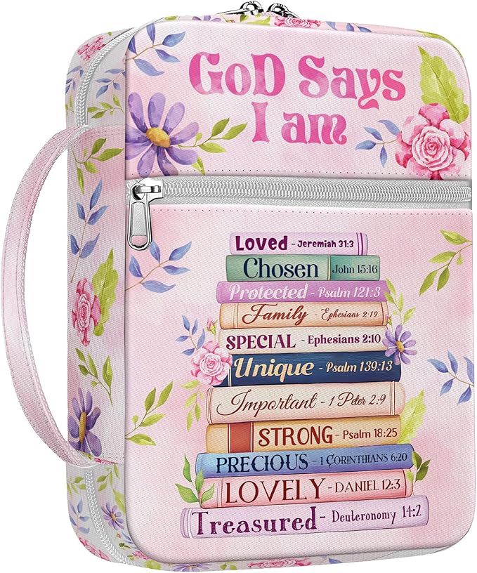 God Says I Am Bible Cover for Women, Floral Scripture Bible Case with Handle and Zipper Pocket, Christian Bible Bag for Girls and Ladies, Inspirational Gift for Church and Study Use