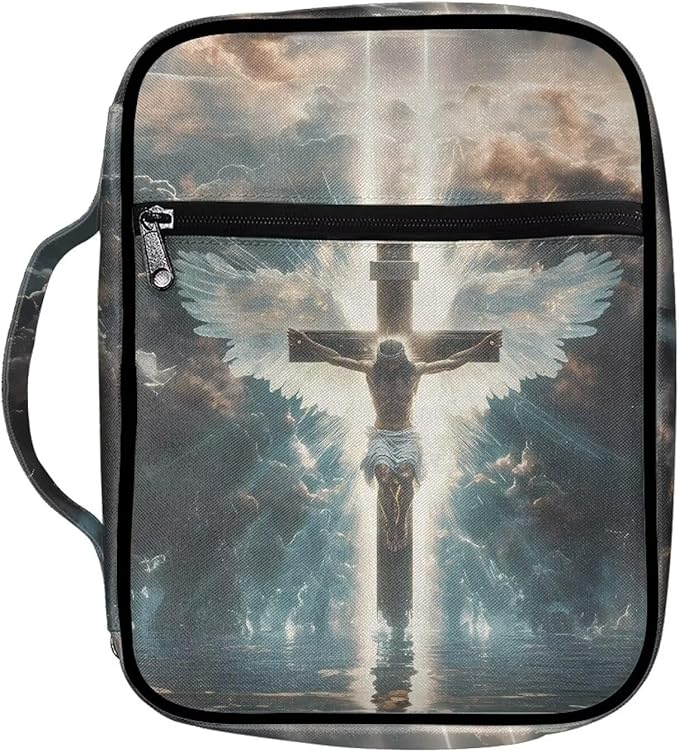 Suobstales Cross Angel Wings Print Bible Cover Portable Carrying Book Case Multi-Functional Bible Case Bible Organizer Case with Handle and Zippered Back Pocket