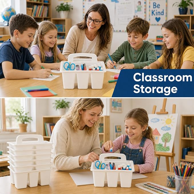 gisgfim 8 Pack Classroom Caddy Storage Basket with Handle 4 Compartment Storage Caddy Plastic Arts Crafts Caddies Protable Classroom Craft Caddies for Kids Schools Art Craft Supplies(White)