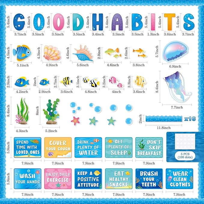 Ctosree 60 Pcs Summer Ocean Sea Healthy Bulletin Board Decorations Set Healthy Poster Jellyfish Fish Seaweed Shells Good Habits Cutouts for Classroom School Office Chalkboard Wall Supply