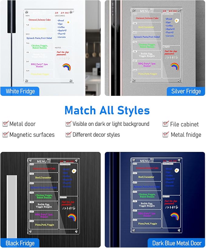 Magnetic Menu Board for Kitchen, Clear Acrylic Weekly Meal Planner Magnetic Calendar for Refrigerator Fridge Dry Erase Board Noteboard to Do Grocery Shopping List, 12x8’’